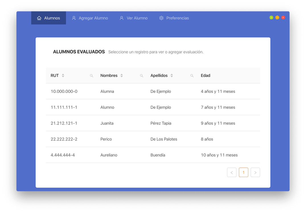 Pantalla de lista de alumnos