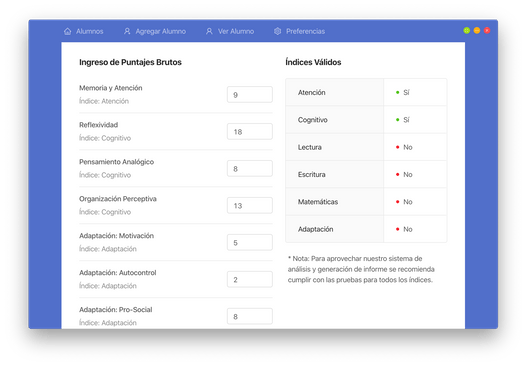 Pantalla de ingreso de puntajes en evalua